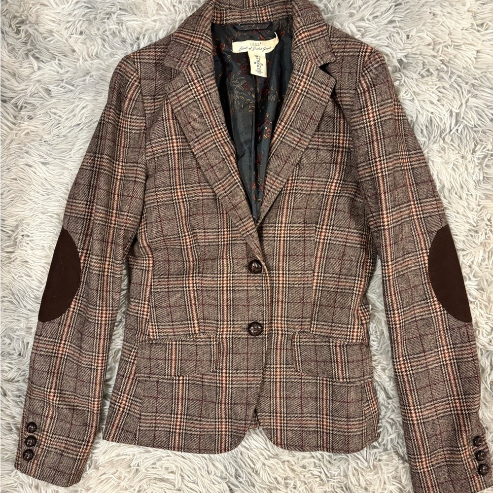 Chic Brown Tweed  Plaid Blazer with Elbow Patches